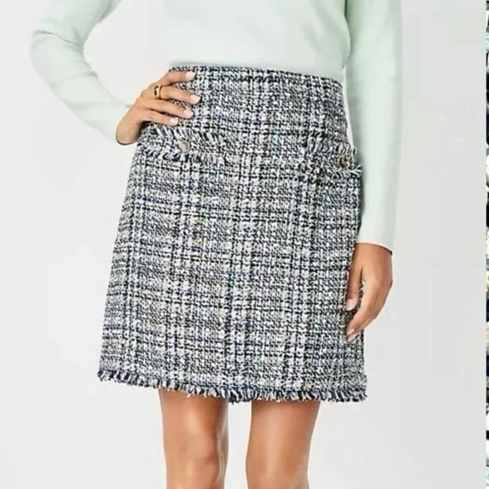Ann Taylor Tweed Skirt Sz 10 Blue Multi Color Fringed Hem A-Line Mini NEW